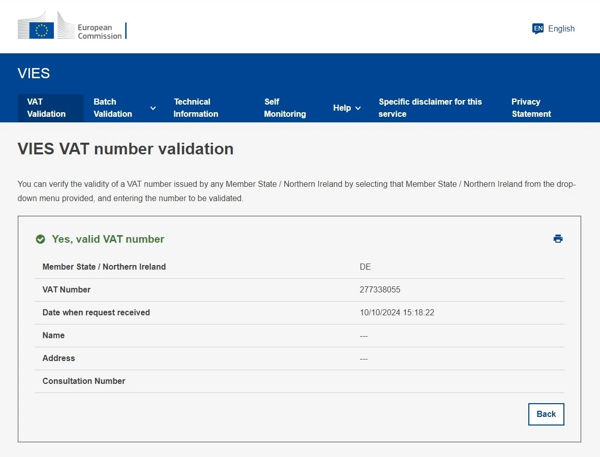 VAT number verification